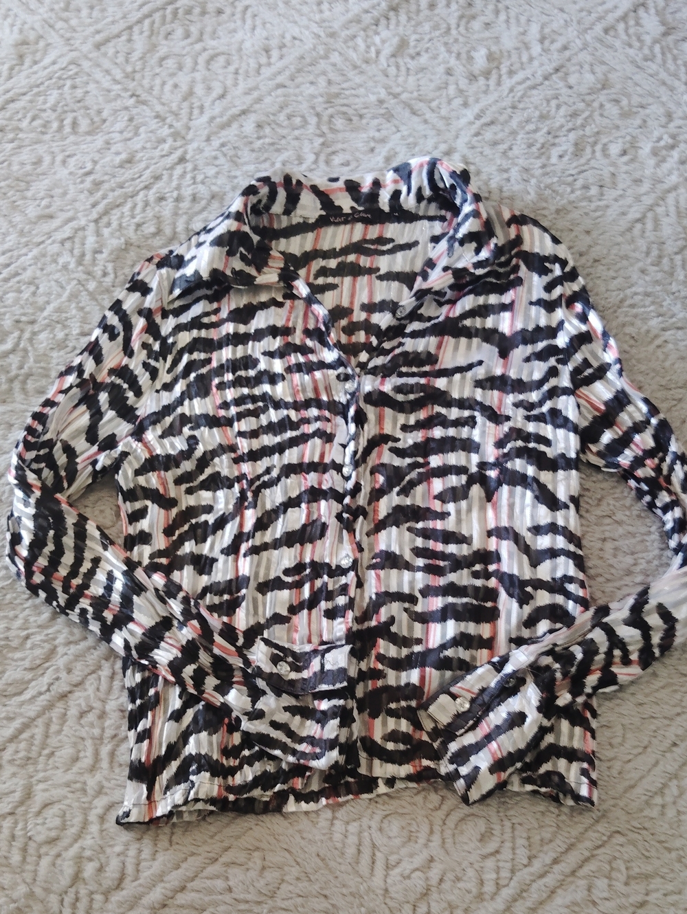 Pleated Button-Front Zebra Print Blouse - White/Black/Pink